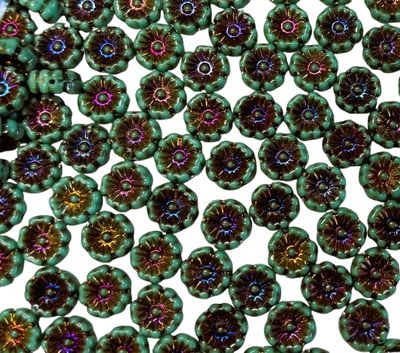 8 Teal with Iridized Center Czech 9mm Hibiscus Flowers