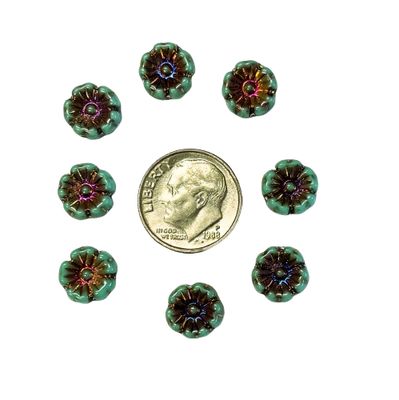 8 Teal with Iridized Center Czech 9mm Hibiscus Flowers
