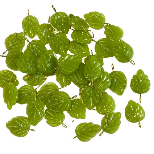 10 Spring Green Glass Leaves with Brass Loop