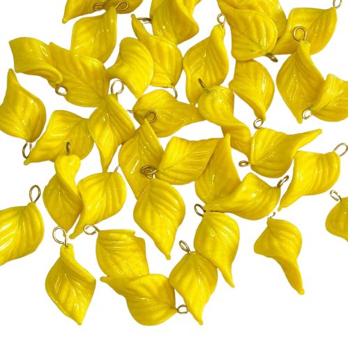 6 Yellow Large Glass Leaves with Brass Loop