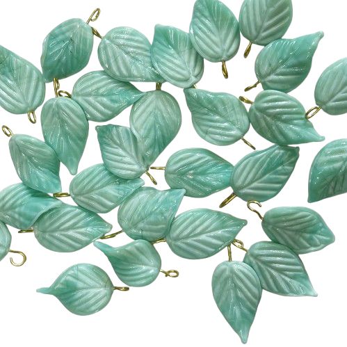 6 Turquoise Large Glass Leaves with Brass Loop