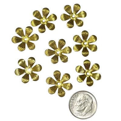 gold metal daisy embellishments 15mm with dime for size reference