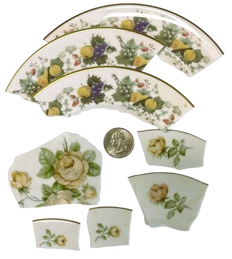 8 China Plate Pieces: 2 Patterns- Roses &amp; Fruit