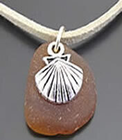 Amber Sea Glass w/Clam necklace