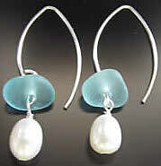 Aqua Sea Glass Earrings w/Freshwater Pearls