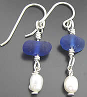 Cobalt Blue Sea Glass Earrings with Pearl Dangles