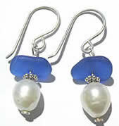 Cobalt Blue Sea Glass Earrings with Pearls