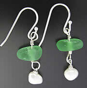 Emerald Green Sea Glass with Pearl Earrings