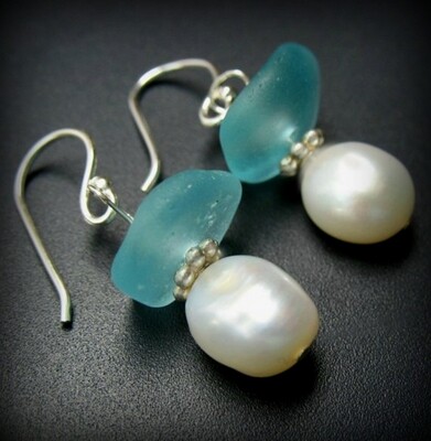 Aqua Blue Sea Glass w/Pearls