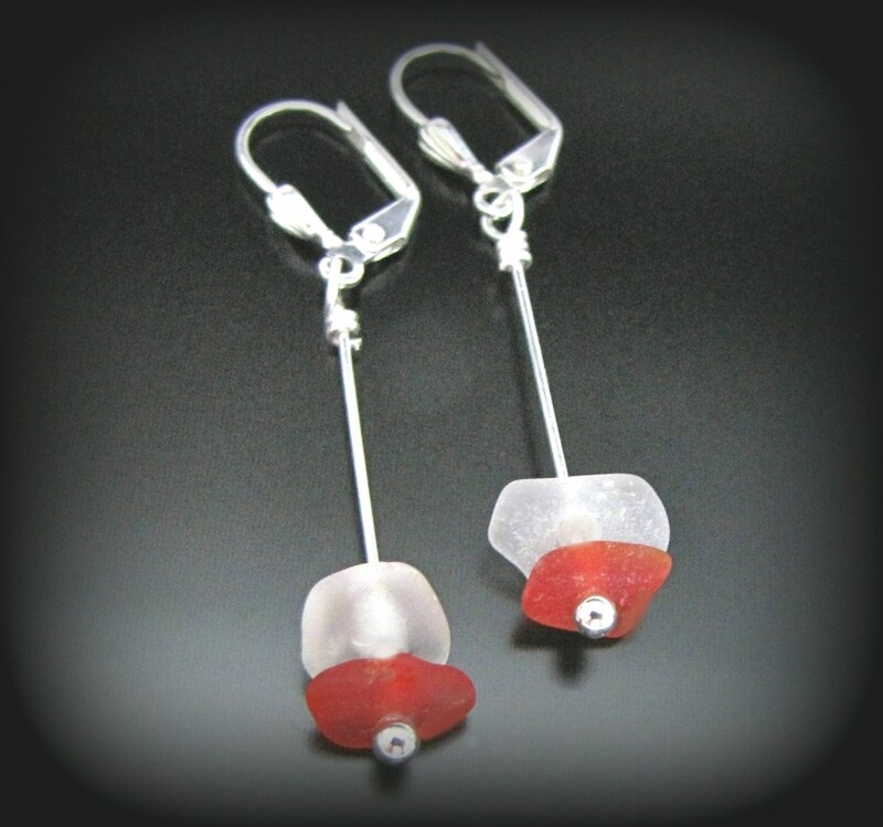 Rare Red, Frosty Sea Glass Dangles