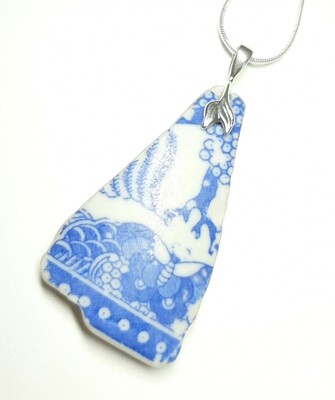 Isle Of Wight Sea Pottery Necklace With Silver Mermaid Tail Charm