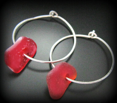 Genuine Sea Glass on Red Hoop Earrings