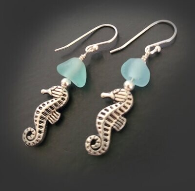 Aqua Blue Sea Horse Sea Glass Earrings