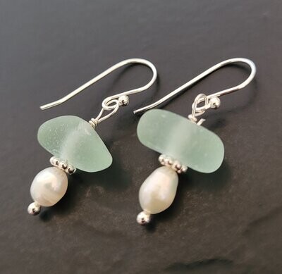 Seafoam Green Sea Glass Earrings with Pearl