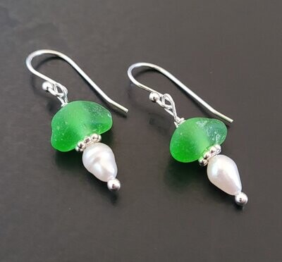 Emerald Green Sea Glass Earrings with Pearl