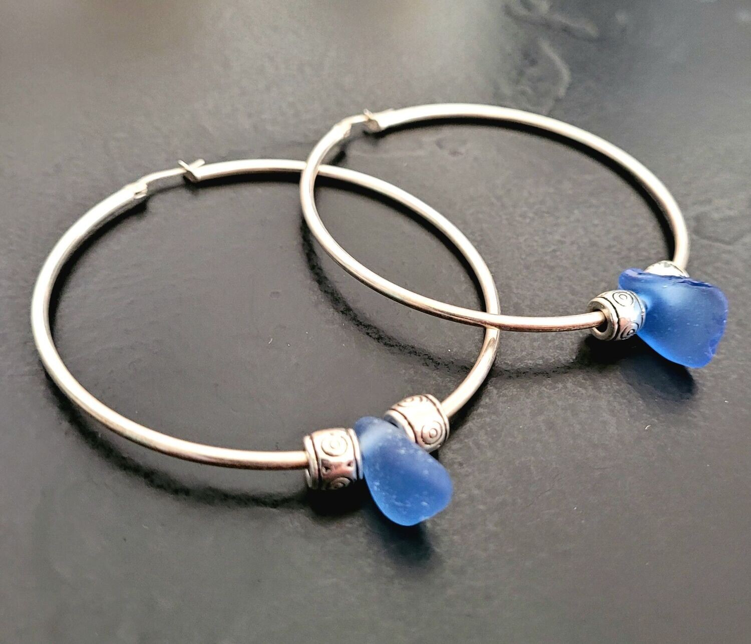 Large Glam Hoops with Cornflower Blue Sea Glass