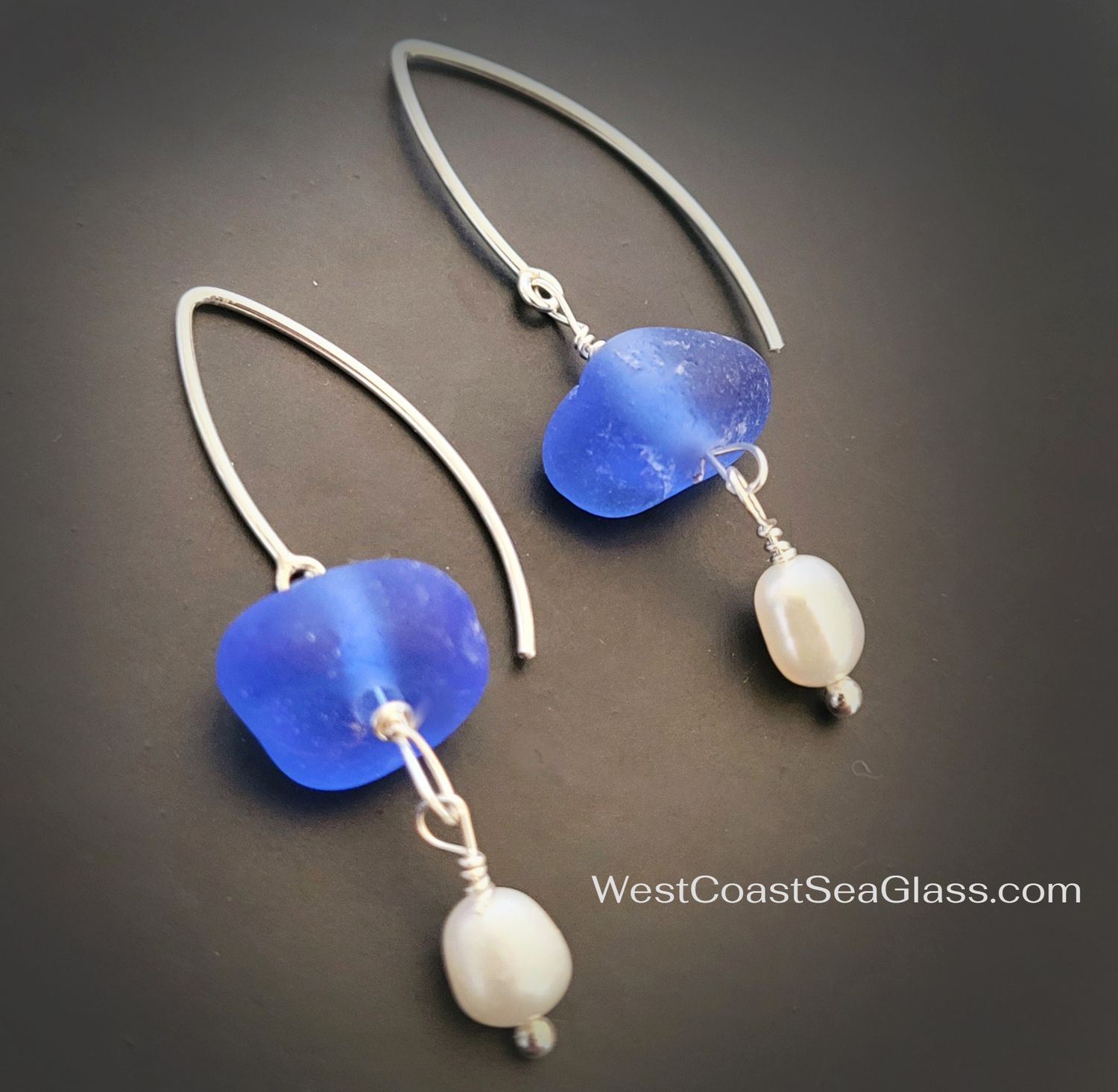 Cobalt Blue Sea Glass Earrings with Pearl Dangles