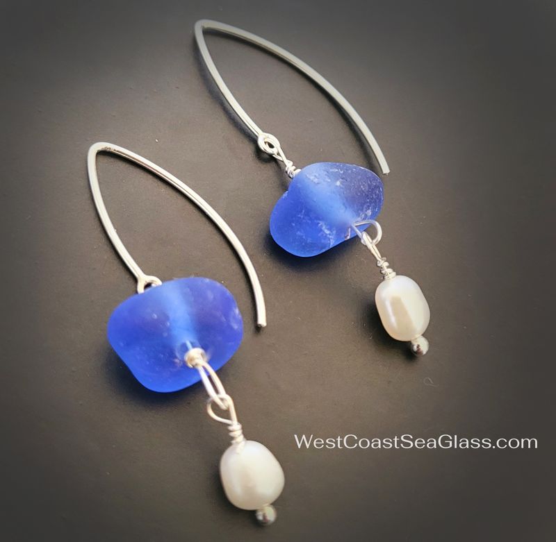 Cobalt Blue Sea Glass Earrings with Pearl Dangles