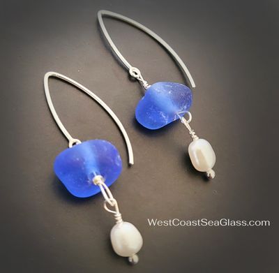 Cobalt Blue Sea Glass Earrings with Pearl Dangles