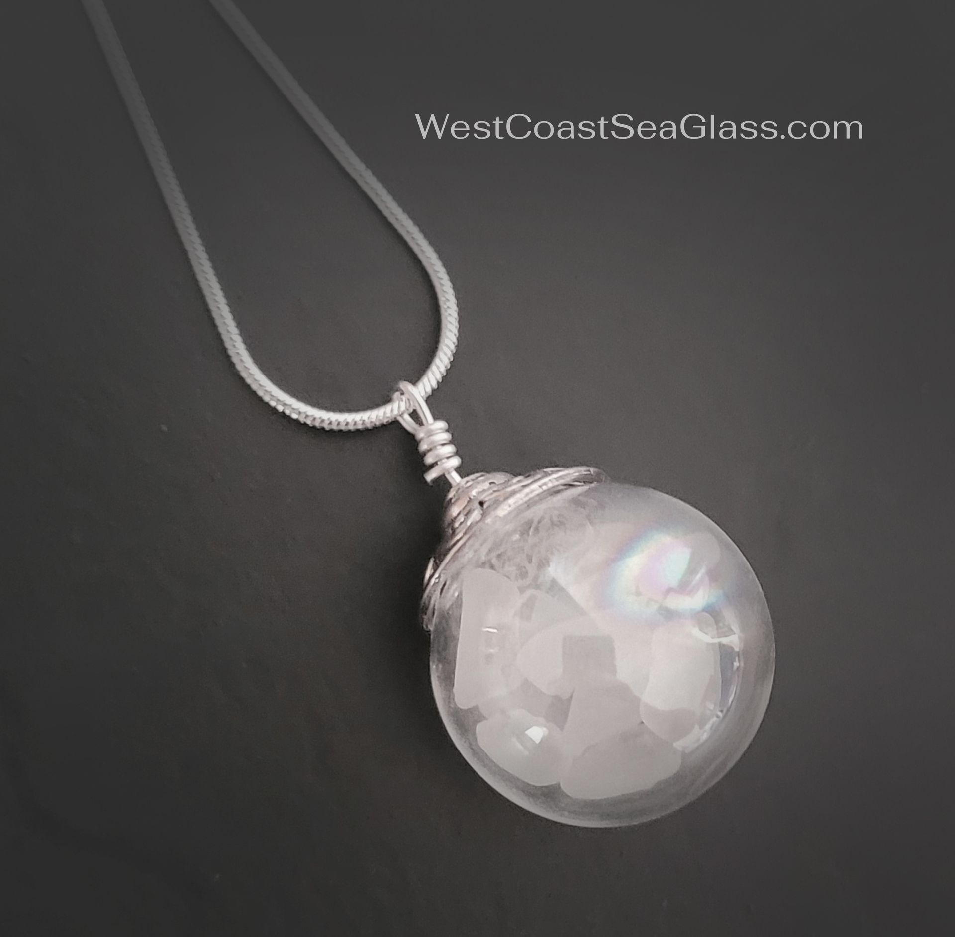 Wedding White Sea Glass Ball Necklace