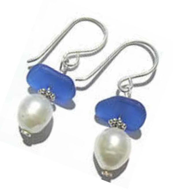 Cobalt Blue Sea Glass Earrings w/Pearls