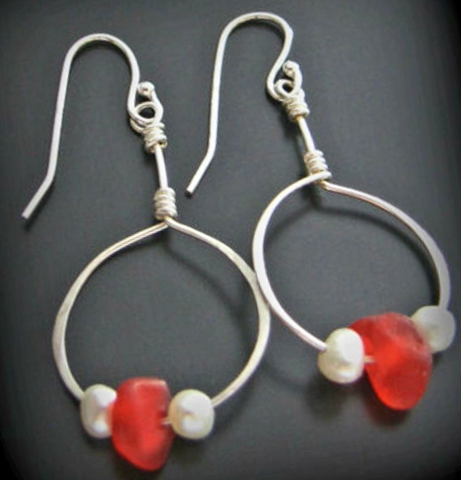 Red and Pearl Hoop Earrings Red and Pearl Hoop Earrings