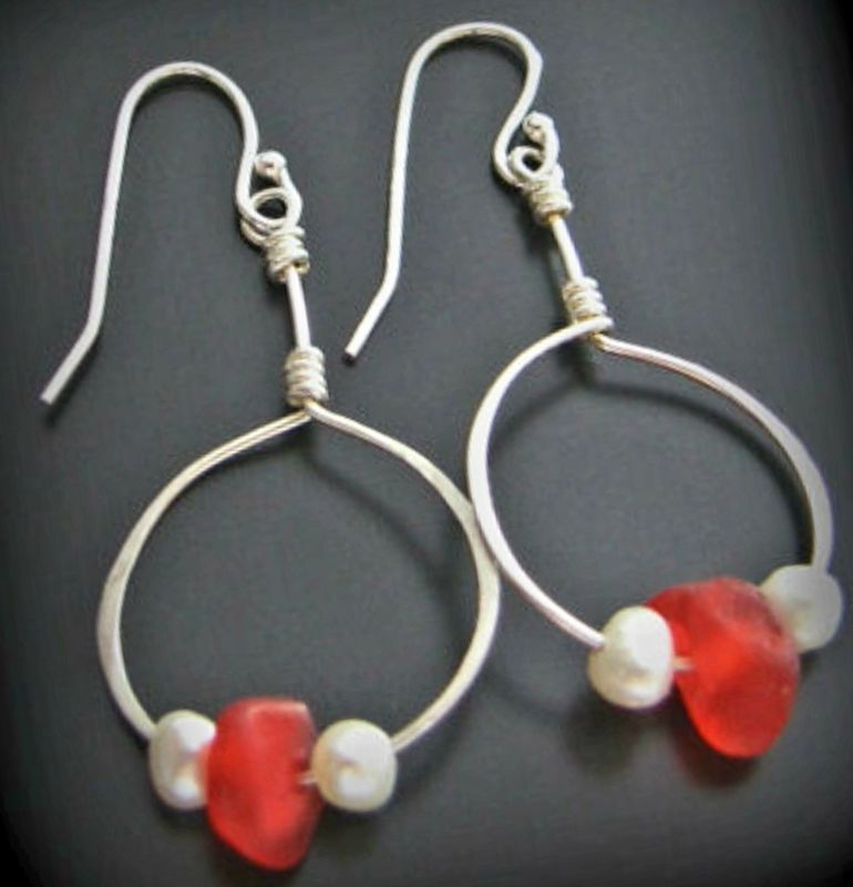 Red and Pearl Hoop Earrings