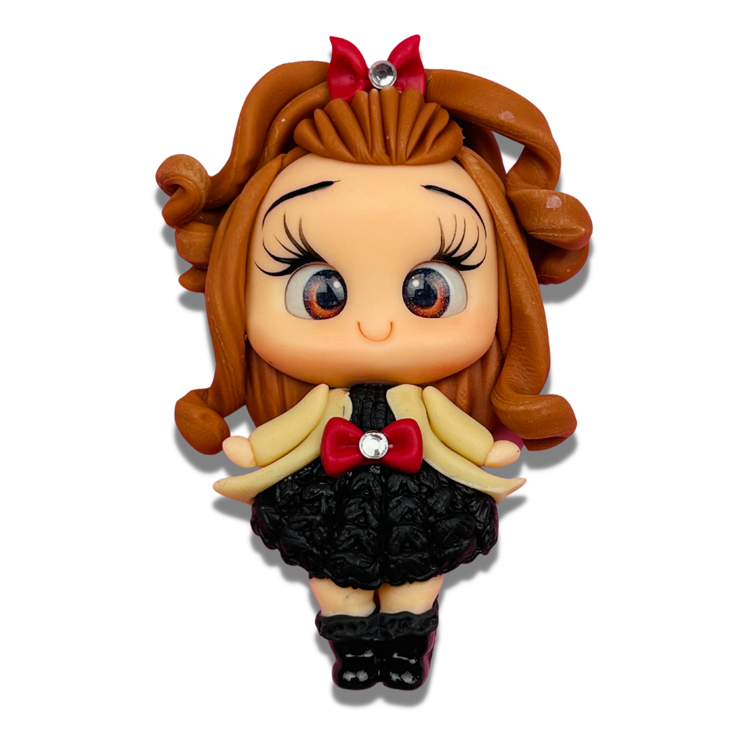 BE12: Brown Hair Polymer Clay Big Eyes Bow Center