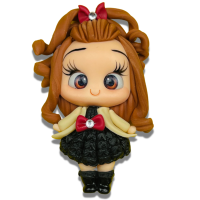 BE24: Black Dress Polymer Clay Big Eyes Bow Center