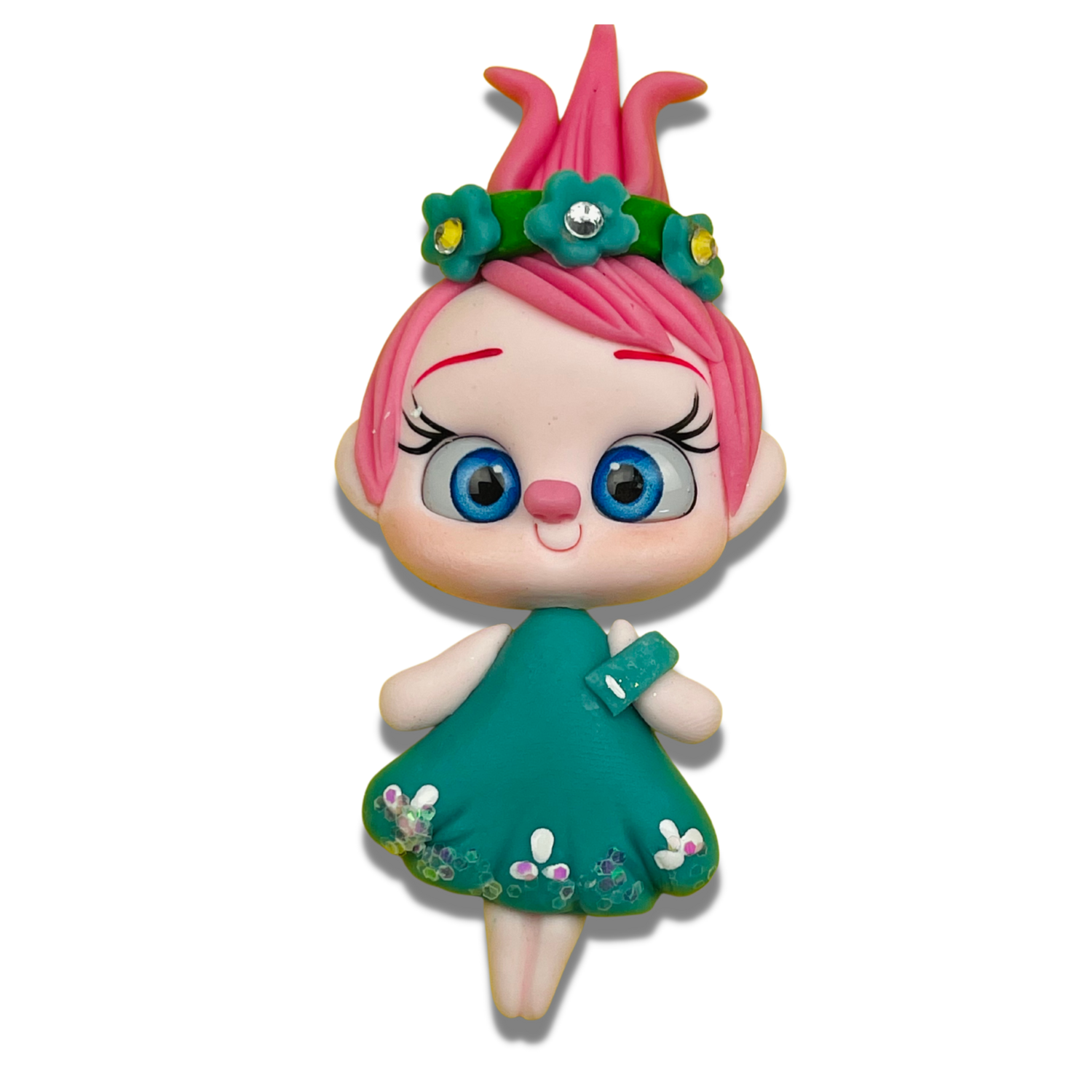 BE40: Pink Hair Polymer Clay Big Eyes Bow Center