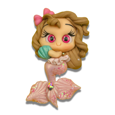 BE49: Pastel Mermaid Polymer Clay Big Eyes Bow Center