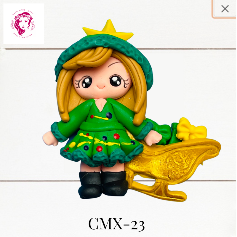 Christmas Clay Hairbow Center Girl &amp; Gold Sleigh -CMX-23