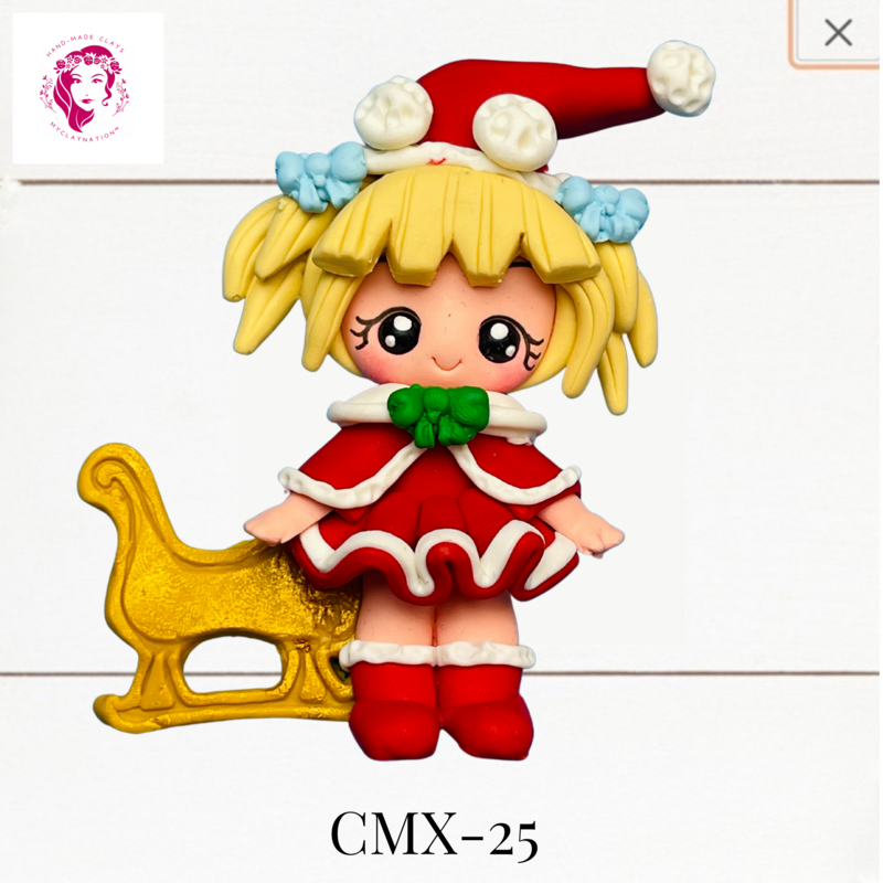 Christmas Clay Hairbow Center Girl &amp; Gold Sleigh -CMX-25