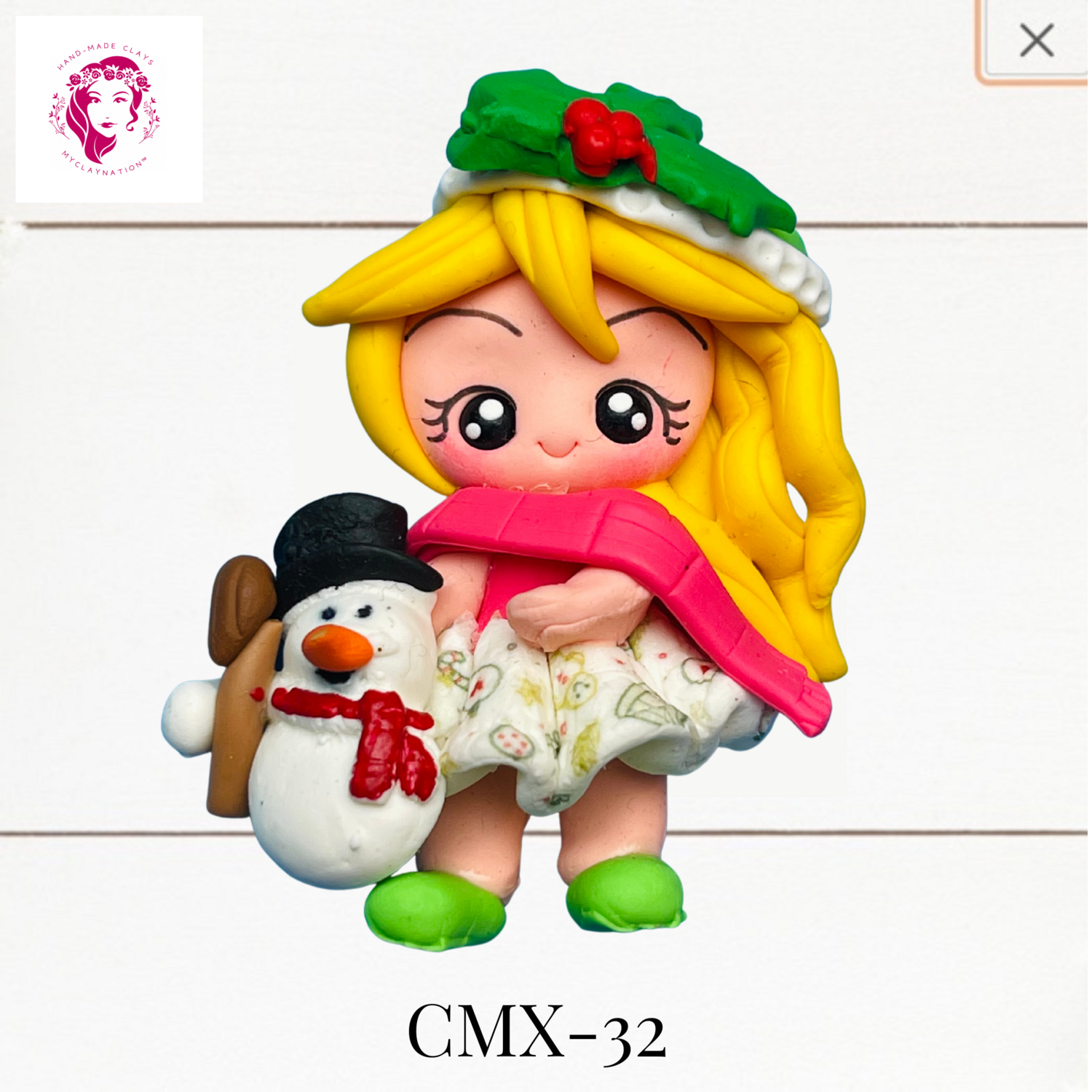 Christmas Clay Hairbow Center Girl with Snowman -CMX-32
