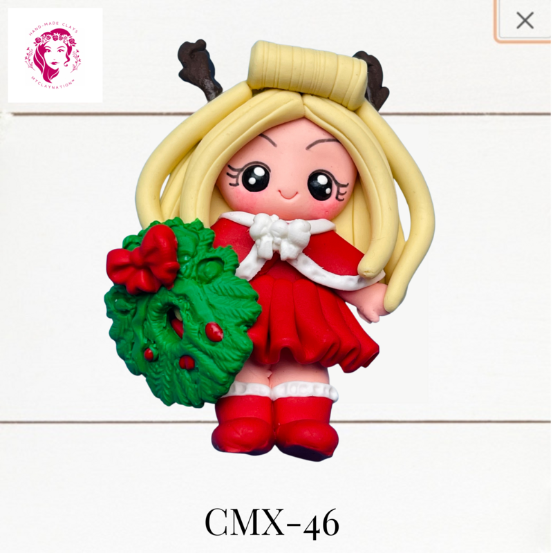Christmas Clay Hairbow Center Girl with Wreath -CMX-46