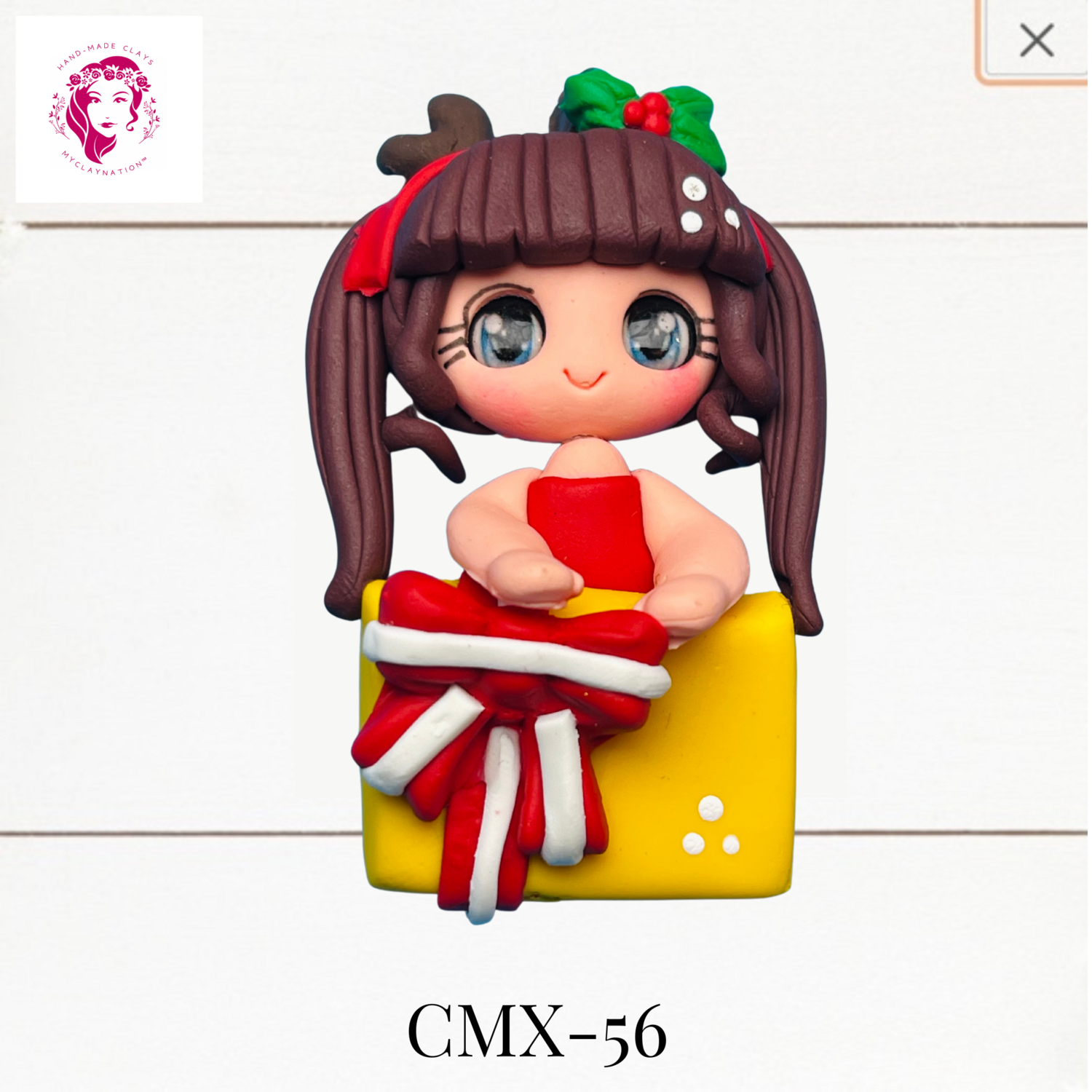 Christmas Clay Hairbow Center Girl with Present-CMX-56