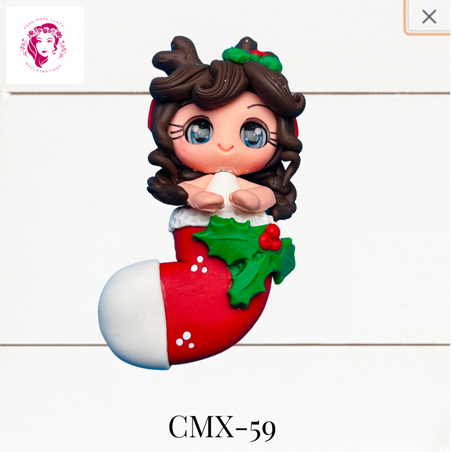 Christmas Clay Hairbow Center Girl in XMAS Stocking -CMX-59