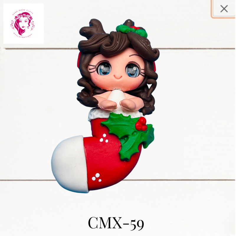Christmas Clay Hairbow Center Girl in XMAS Stocking -CMX-59