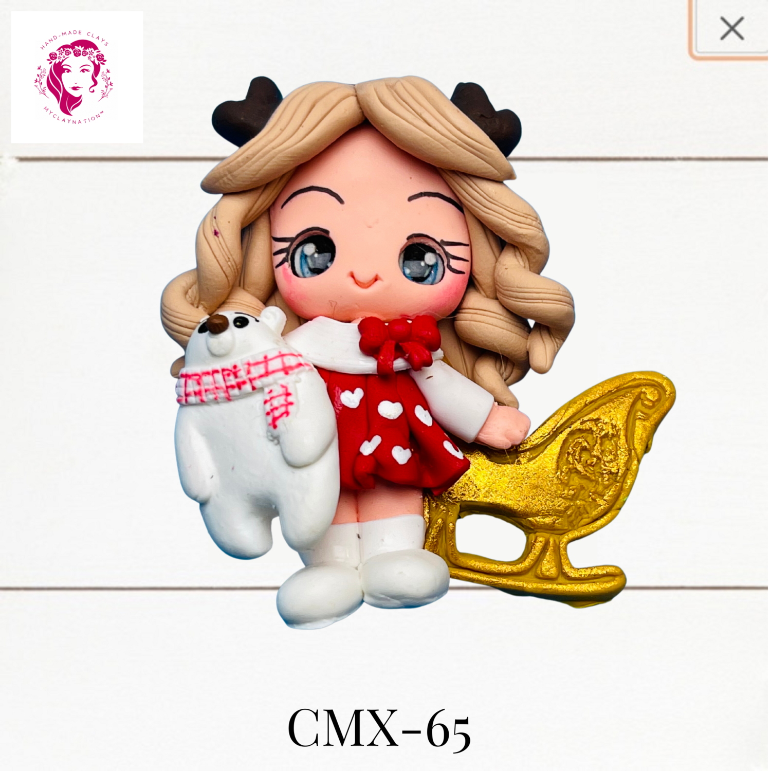 Christmas Clay Hairbow Center Girl &amp; Gold Sleigh -CMX-65