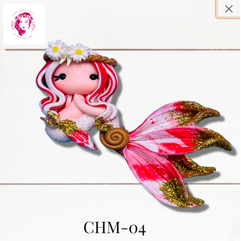 Christmas Mermaid Clay Hairbow Center Pink &amp; White -CHM-04