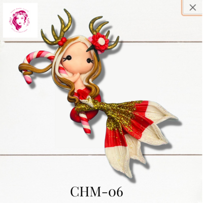 Christmas Mermaid Clay Hairbow Center Red &amp; White -CHM-06