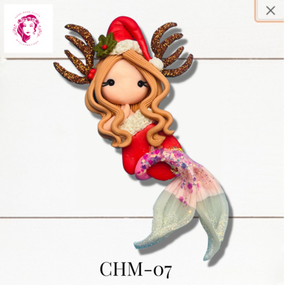 Christmas Mermaid Clay Hairbow Center Red &amp; White -CHM-07