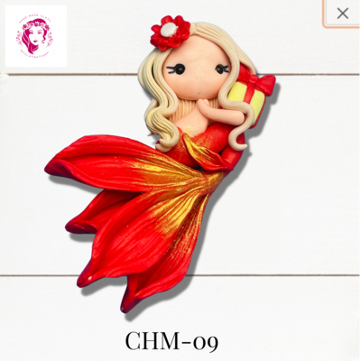Christmas Mermaid Clay Hairbow Center Red &amp; Gold -CHM-09