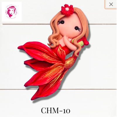 Christmas Mermaid Clay Hairbow Center Red &amp; Gold -CHM-10