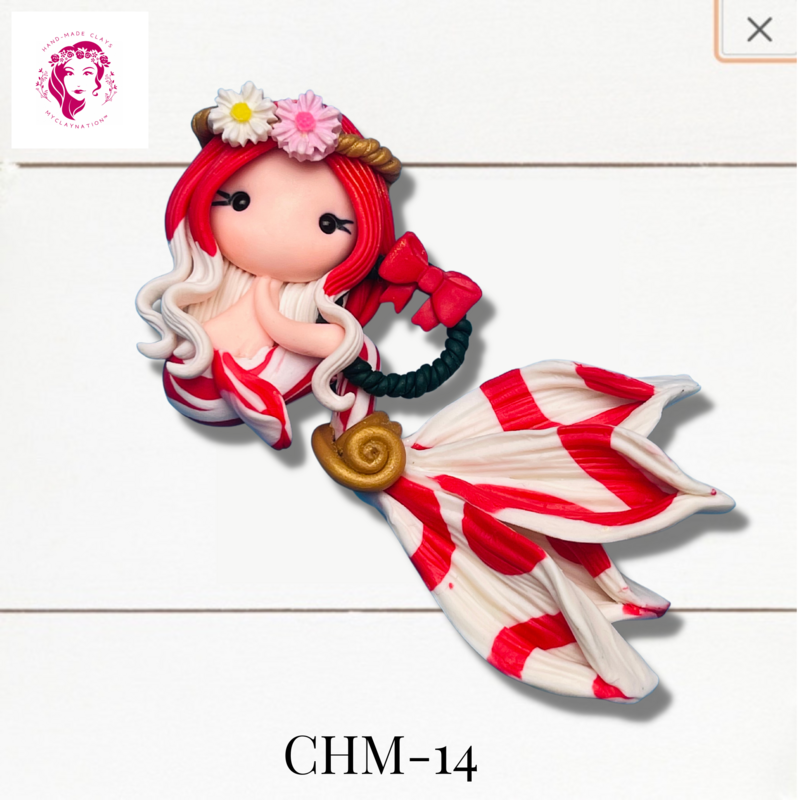 Christmas Mermaid Clay Hairbow Center White &amp; Red -CHM-14