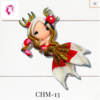 Christmas Mermaid Clay Hairbow Center Gold &amp; Red -CHM-13