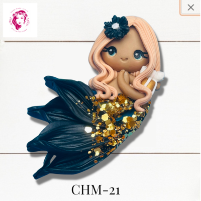 Christmas Mermaid Clay Hairbow Center Gold Glitter &amp; Black -CHM-21
