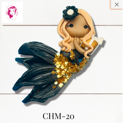 Christmas Mermaid Clay Hairbow Center Gold Glitter &amp; Black -CHM-20