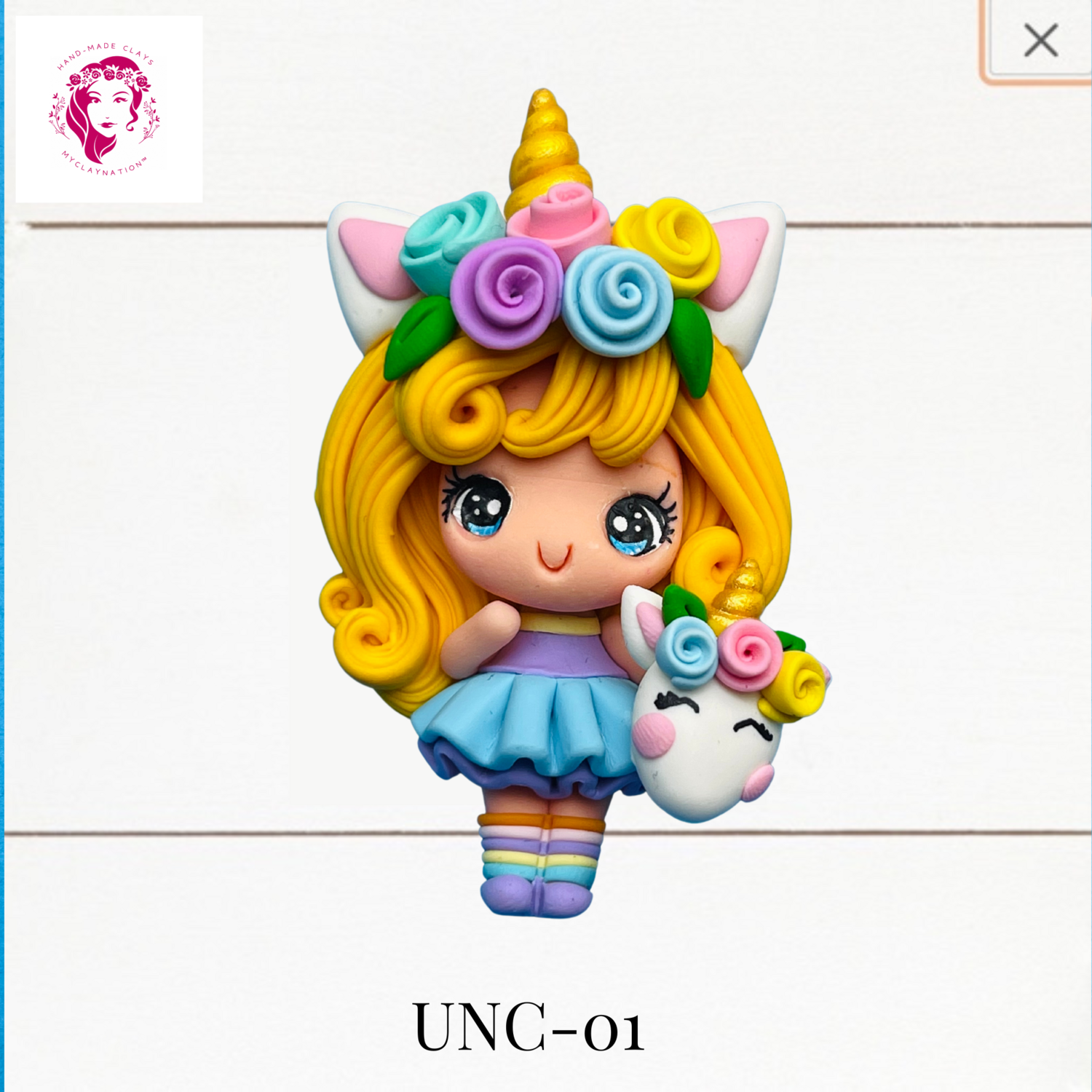 Unicorn Girl Clay Hairbow Center in Blue Skirt -UNC-01