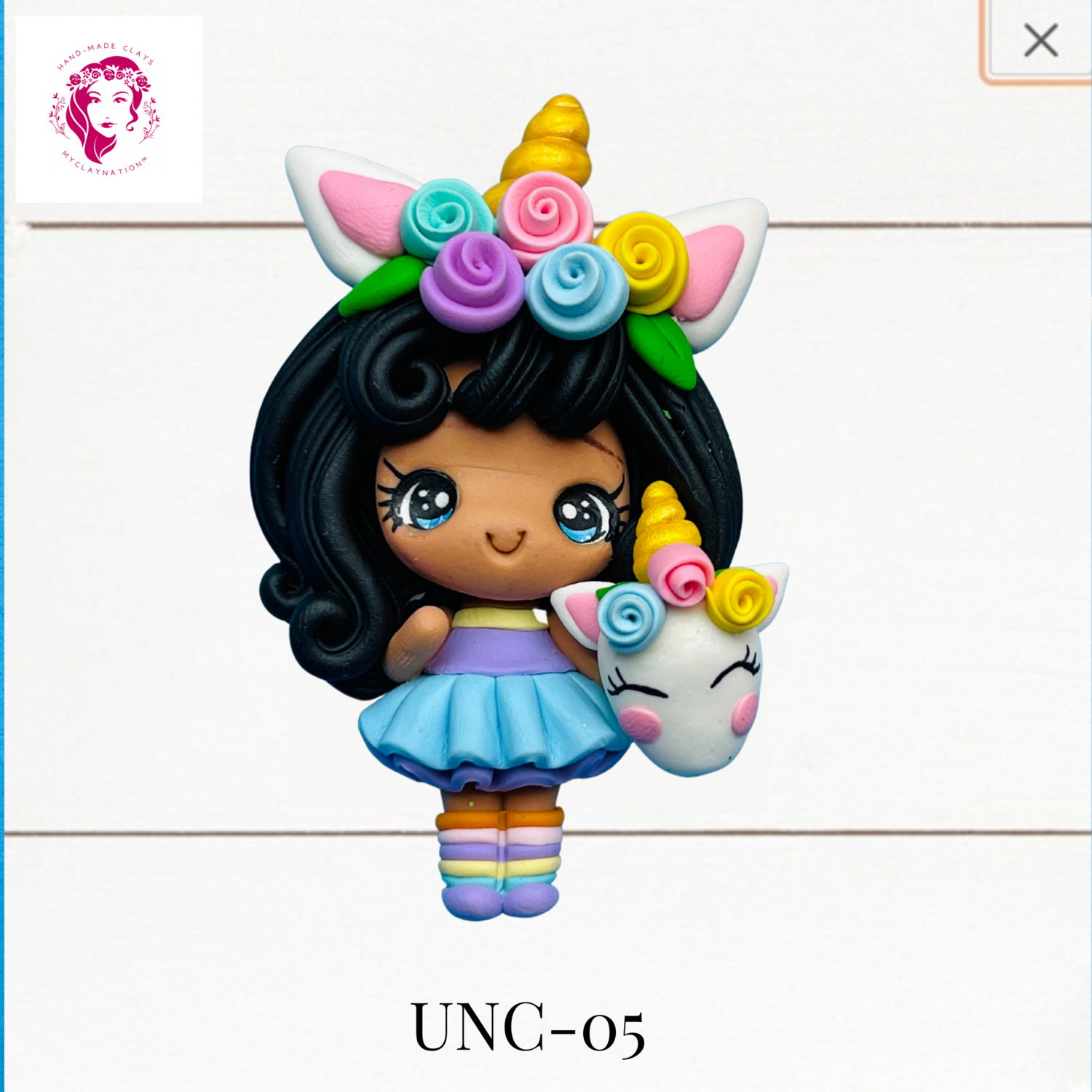 Unicorn Girl Clay Hairbow Center in blue Skirt -UNC-05